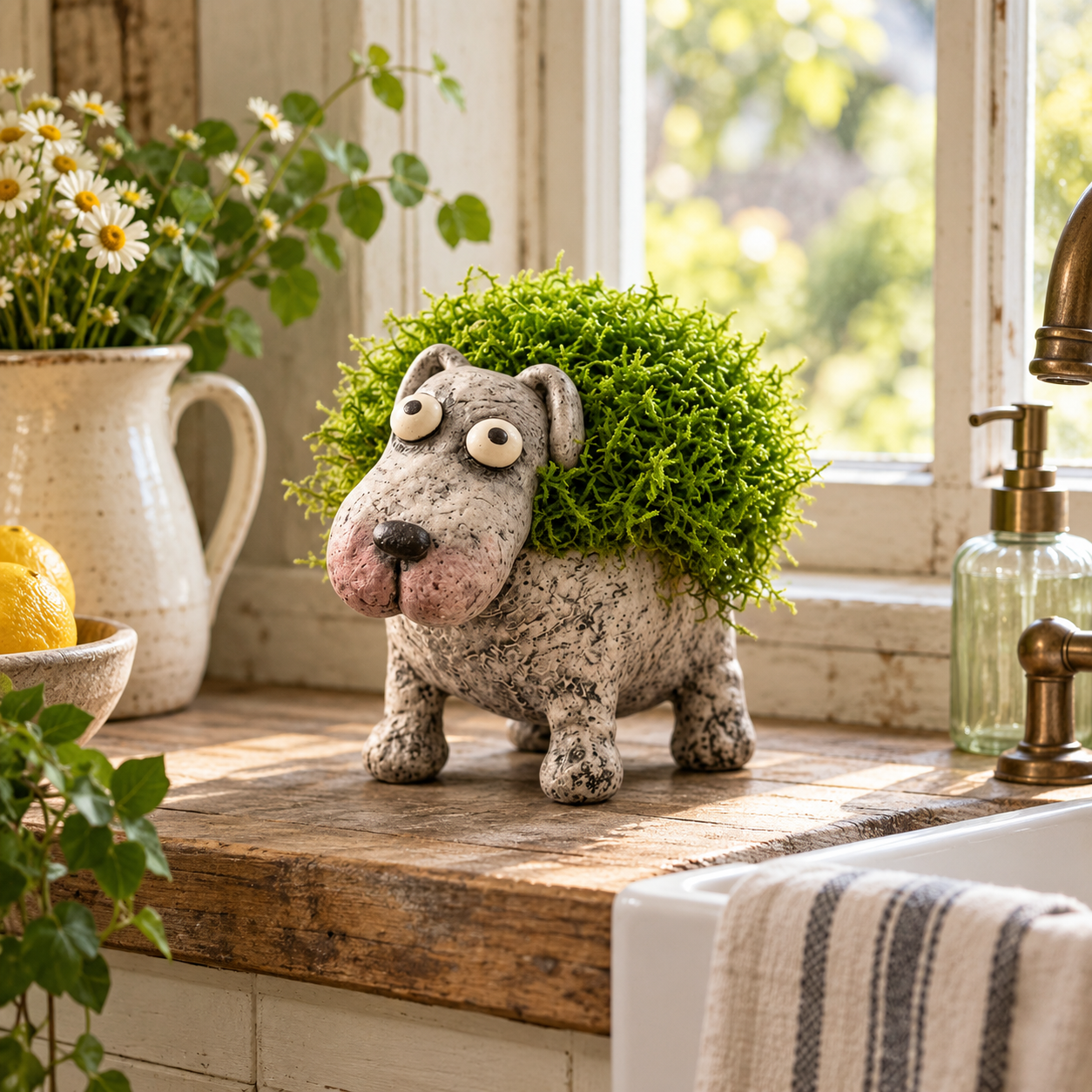 Whimsical Moss-Back Dog Figurine
