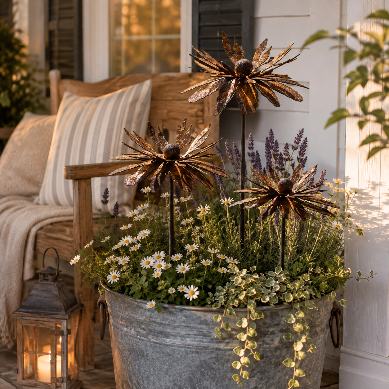 25.6" Tall Vintage Wildflower Metal Garden Stakes - Set of 3