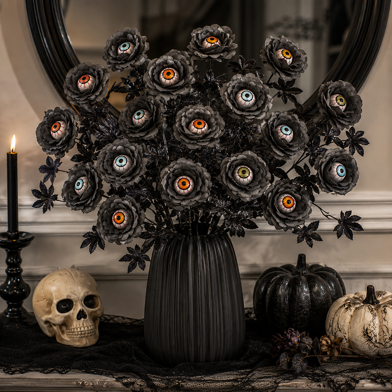 Halloween Eyeball Rose Artificial Flower Stems, Gothic Black Rose Decor