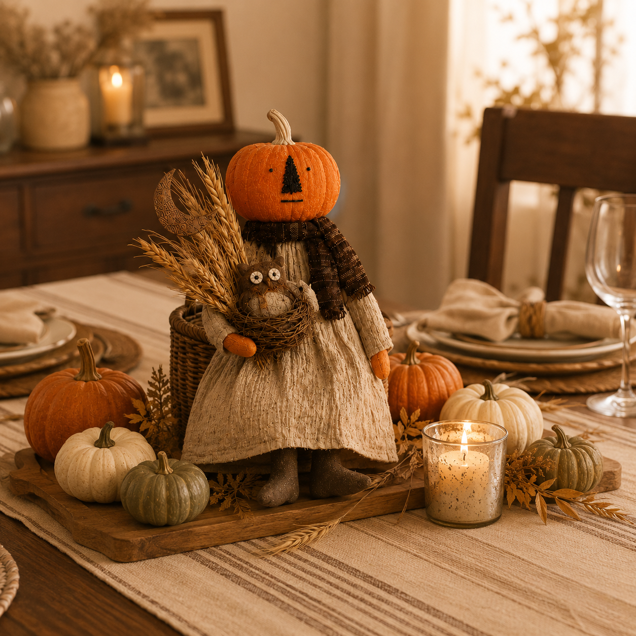 Pumpkin Head Harvest Doll with Gift Box - 11 Inch Fall Tabletop Decor