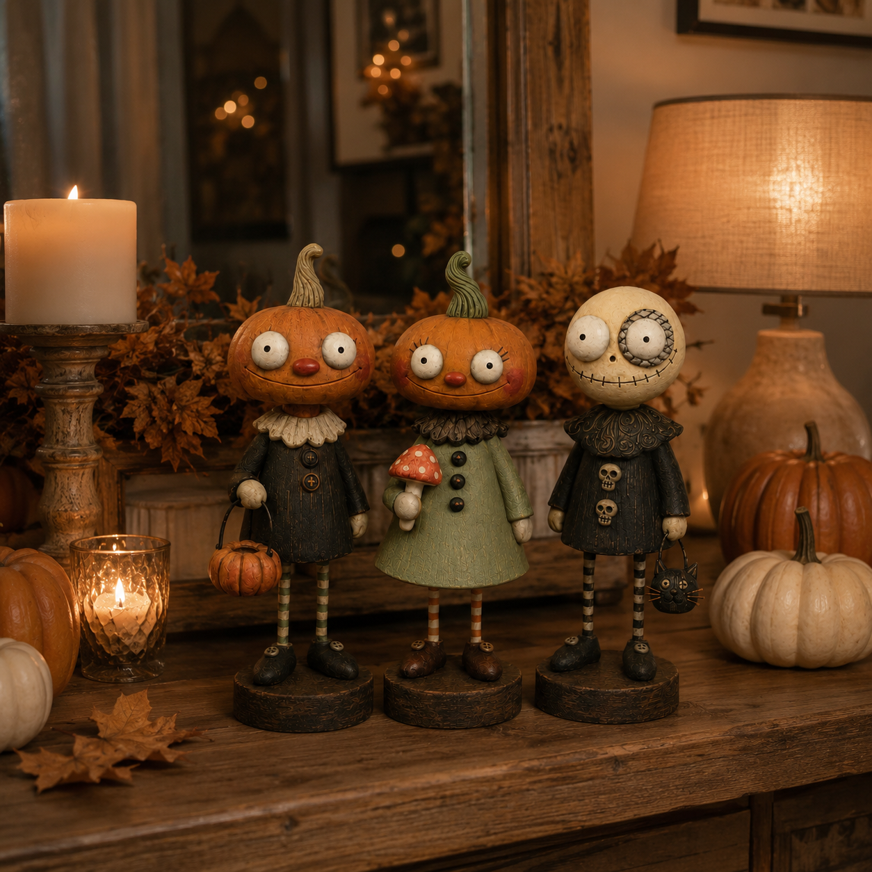 Primitive Pumpkin Friends 3-Piece Set – Vintage Halloween Farmhouse Figurine Collection
