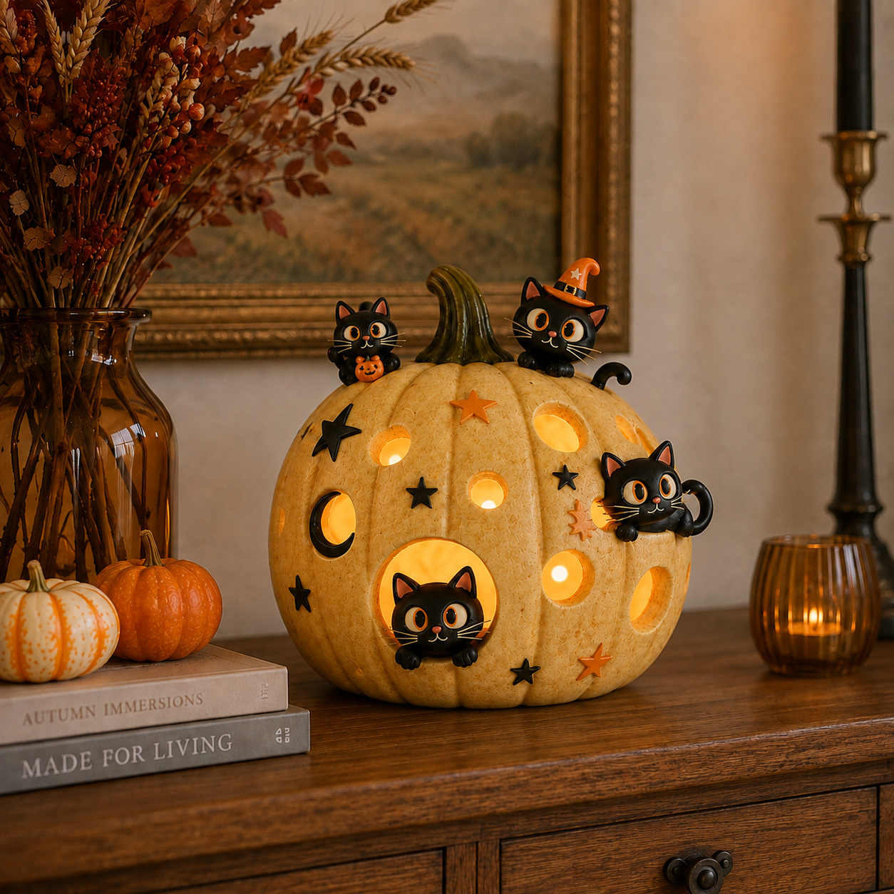 Lighted Black Cat Pumpkin Halloween Decor