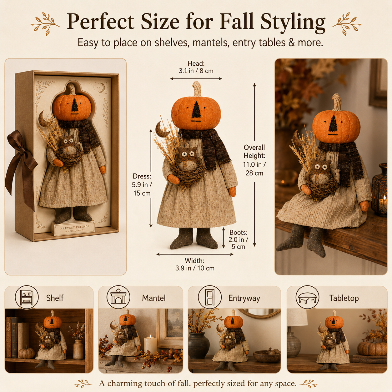 Pumpkin Head Harvest Doll with Gift Box - 11 Inch Fall Tabletop Decor