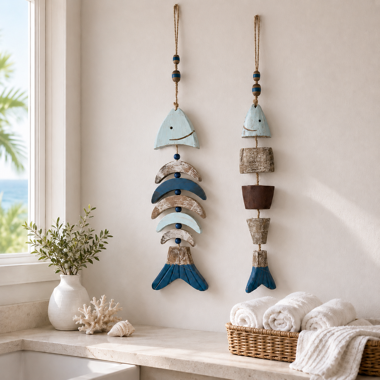 🌊 Lighted Coastal Wooden Fish Hanging Decor Set of 2