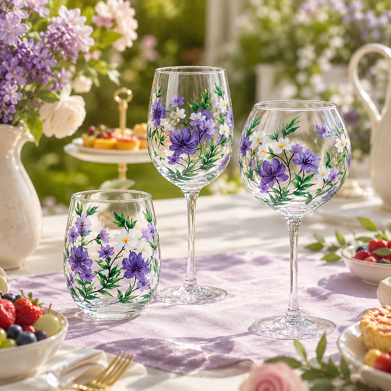 Fresh Floral Butterfly Glassware Gift Set, Hand-Painted Cottage Style