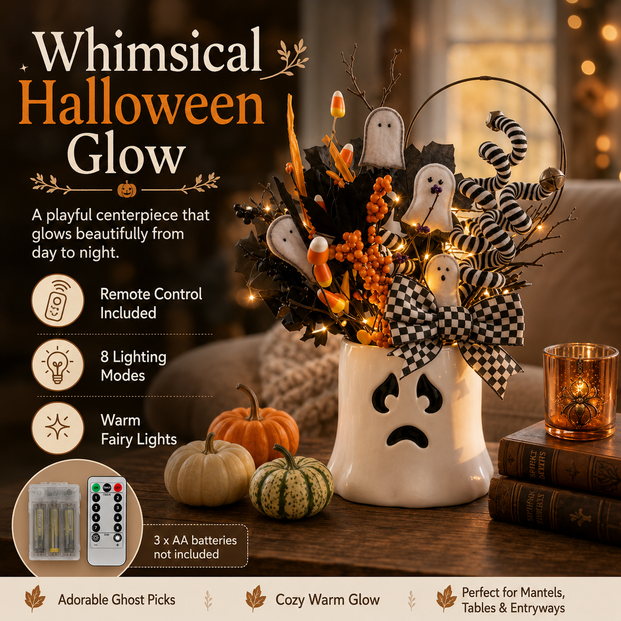 Whimsical Lighted Ghost Vase Halloween Centerpiece
