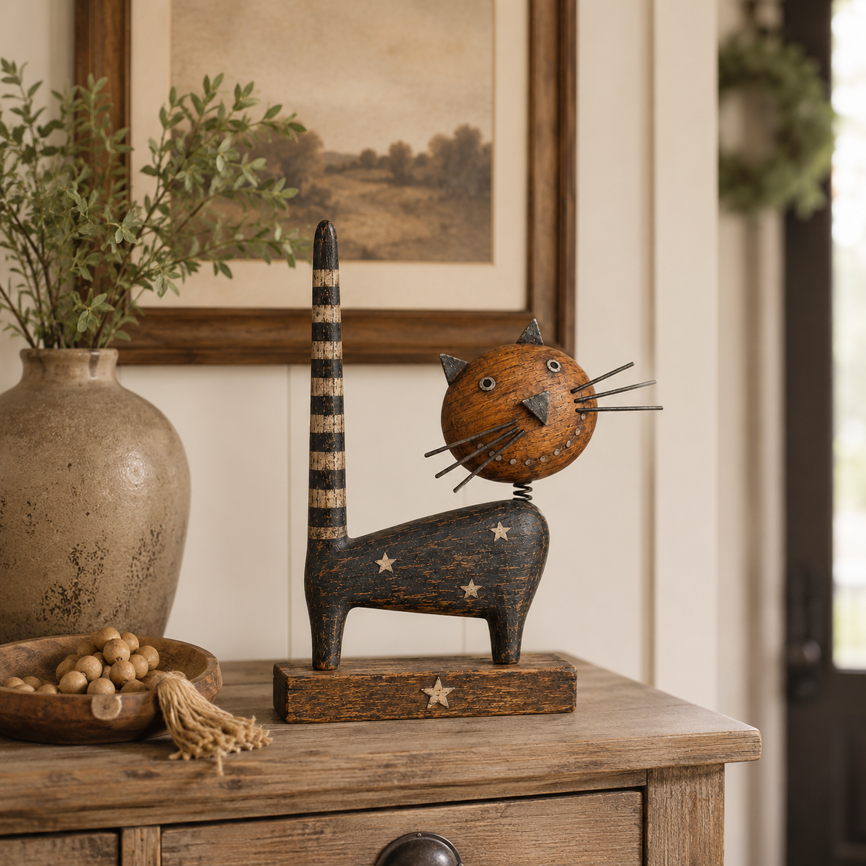 Vintage Primitive Wooden Cat with Metal Accents