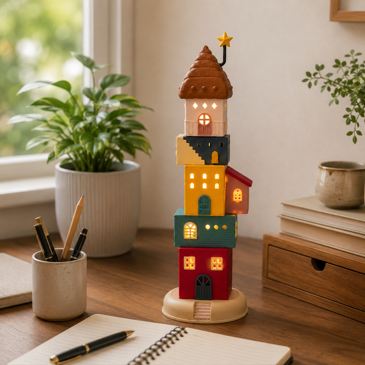 🏠 Whimsical Rotating Light-Up House Tower