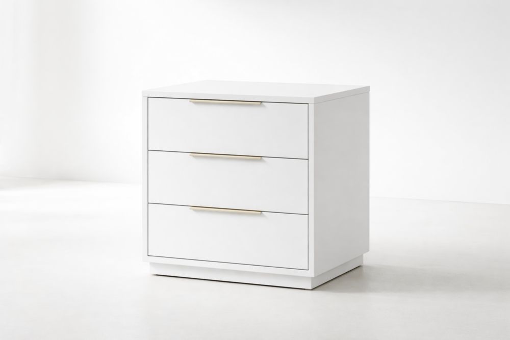 White MDF Nightstand with Three Drawers Length 60 cm x Width 40 cm x Height 55 cm