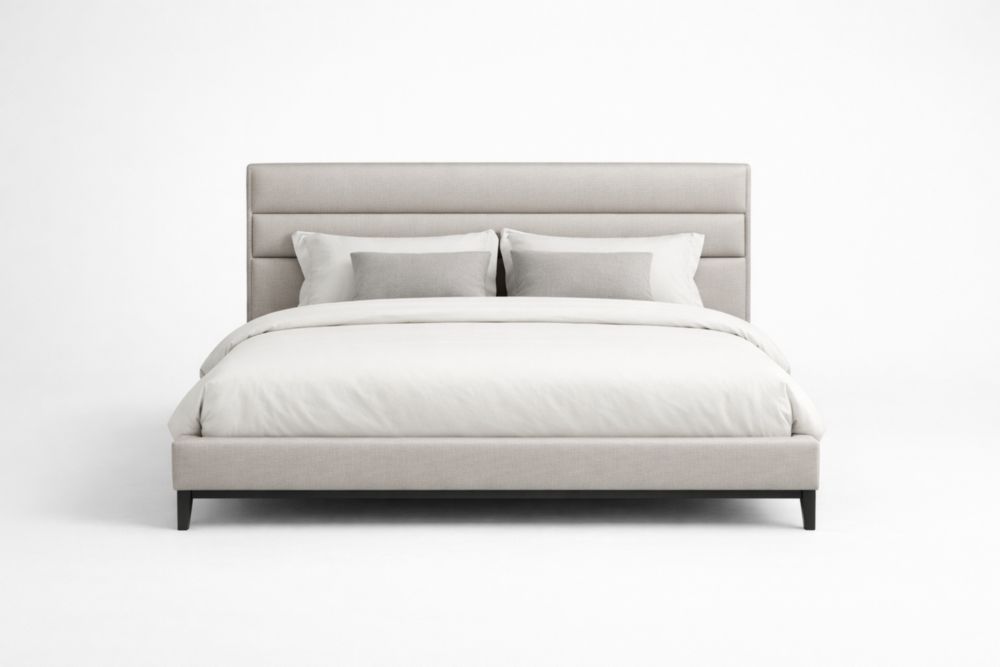 Polyester Upholstered Queen Bed with Fabric Headboard Beige