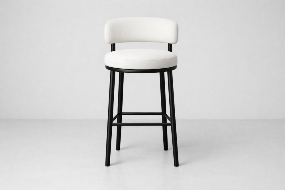 Upholstered Bar Stool with Steel Frame and White Fabric Seat