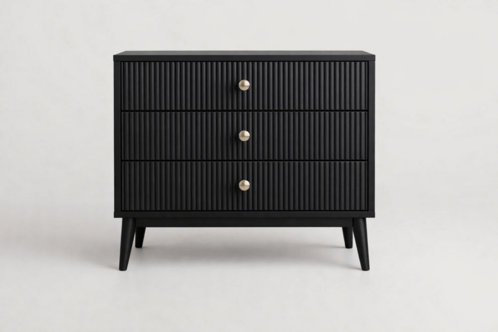 Black Three-Drawer Chest with Ribbed Design