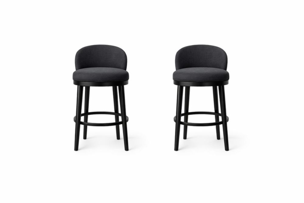 Bar Stool Set of 2 with Upholstered Back and Seat in Black Solid Wood Frame