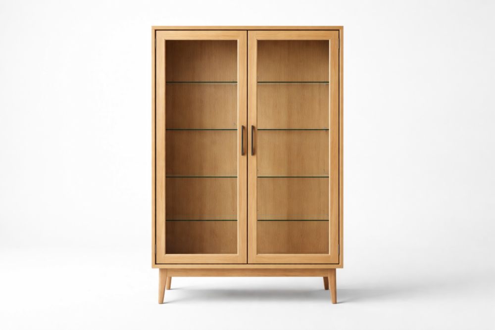 Glass Bookcase Oak Veneer with 4 Shelves