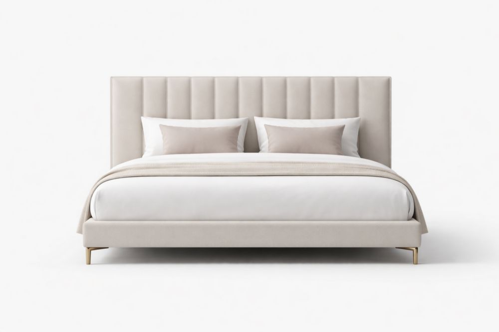Beige Upholstered King Size Bed with Vertical Channel Tufted Headboard