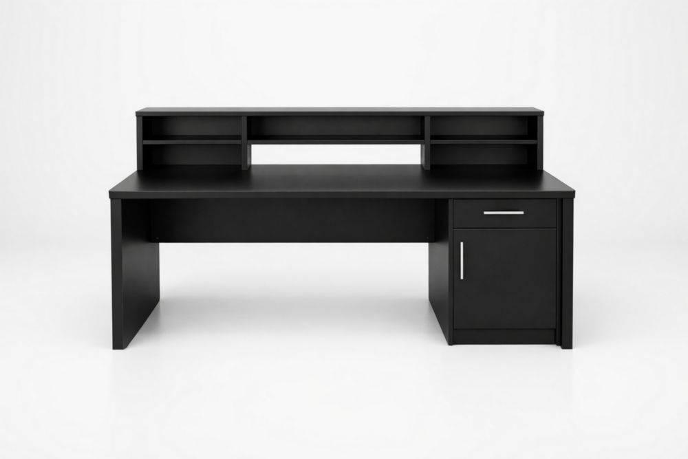 Black MDF Computer Desk with Hutch and Storage Cabinet