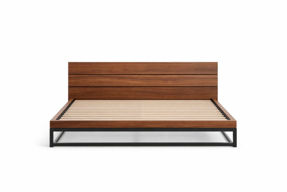 King Platform Bed Frame Solid Wood Slats Steel Base Walnut Finish