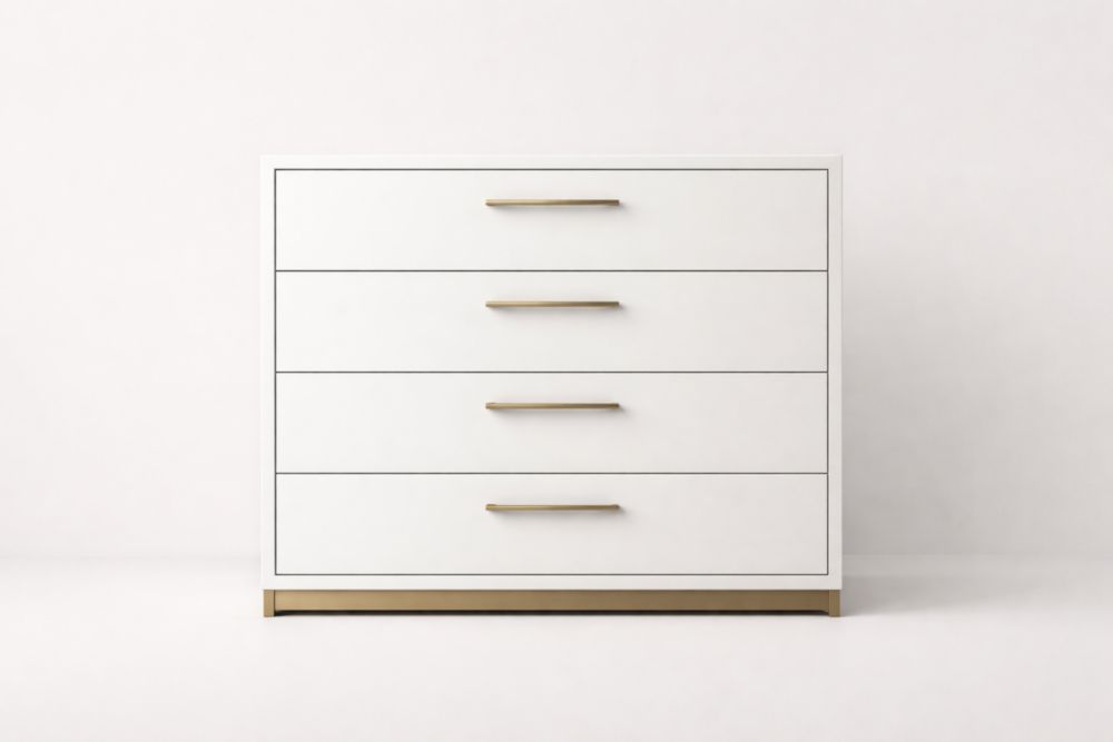 White MDF Drawer Chest with Brass Handles and Base, 4-Drawer Unit, Height 81 cm x Width 101 cm x Depth 45 cm