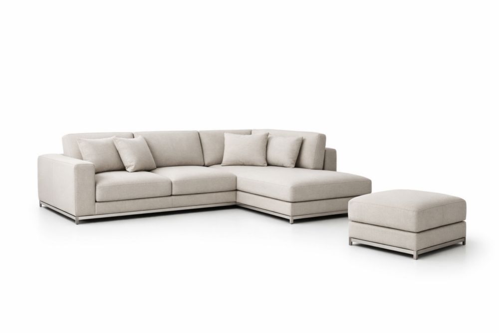Beige L-Shaped Textile Sectional Sofa with Ottoman