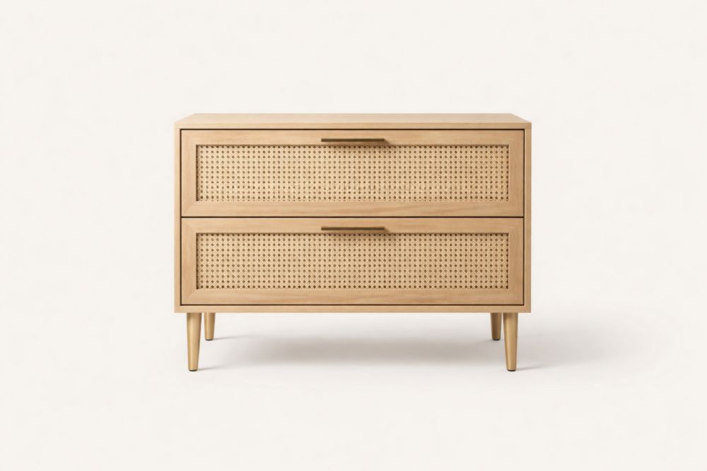 Solid Oak Wooden Nightstand with Rattan Drawers, Natural Finish, 2-Drawer