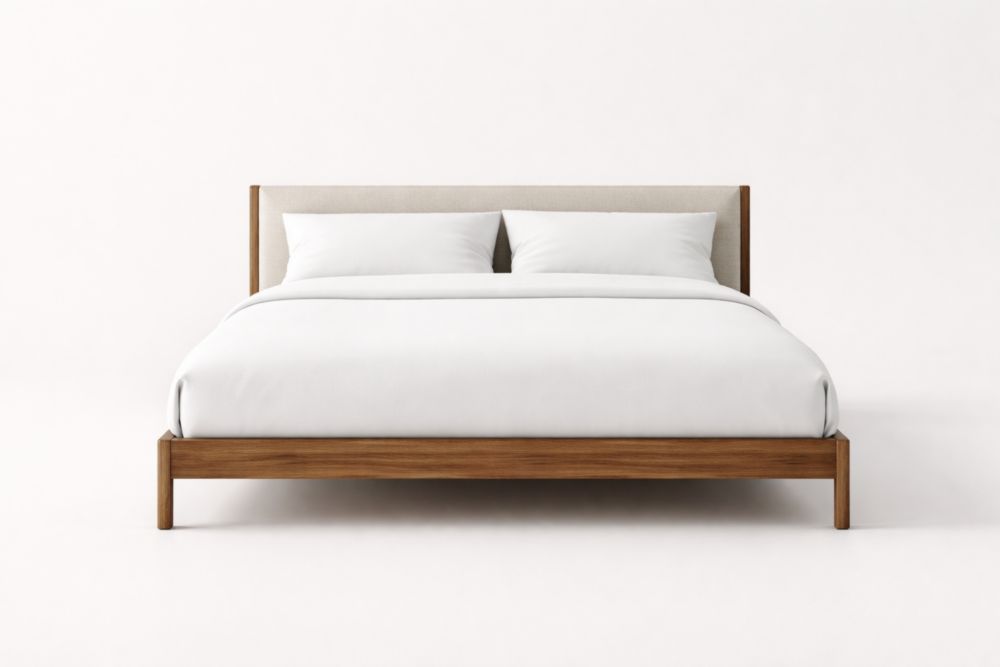 Queen Size Solid Wooden Platform Bed with Upholstered Headboard