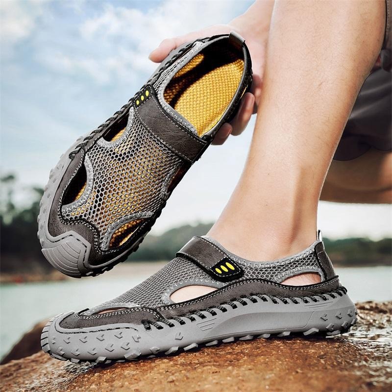 GARB mens Handmade Cowhide Breathable Mesh Sandals