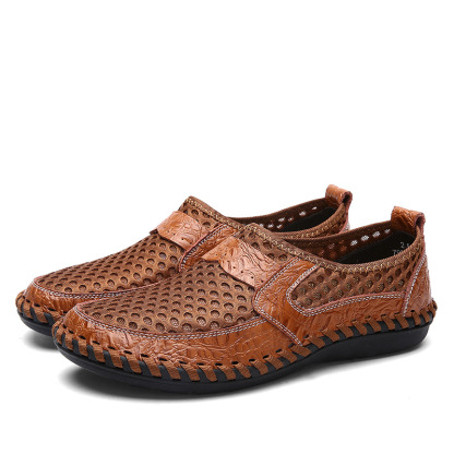 GARB Men's handmade genuine leather mesh breathable slip-on shoes