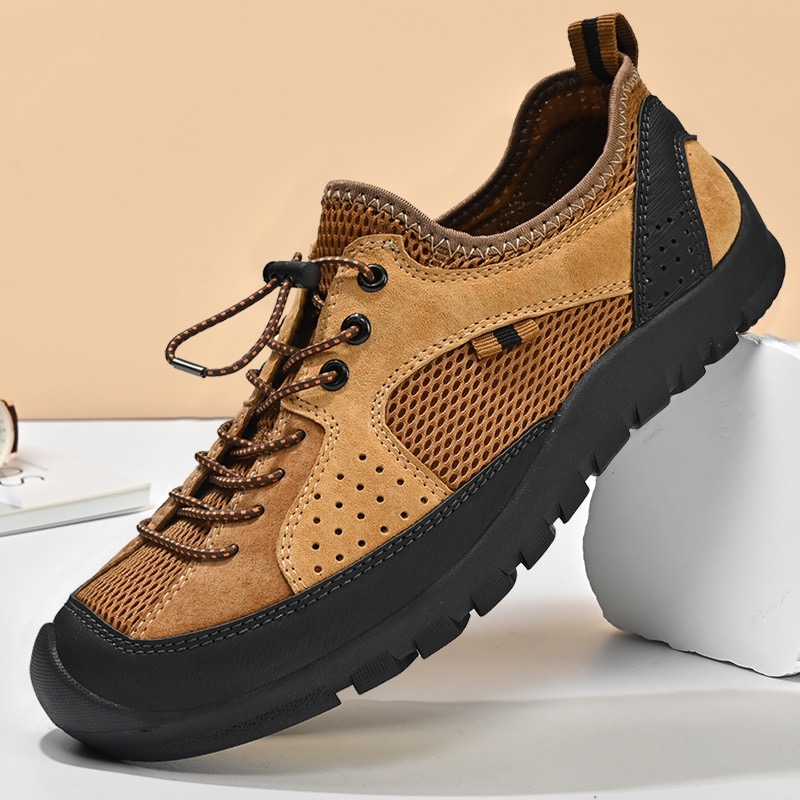 Mens Cowhide Mesh Orthopedic Sneakers-Wide Toe Box