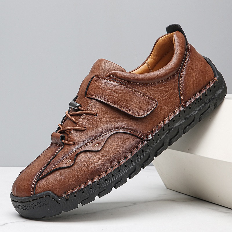 Men's Handcrafted Leather Orthopedic Loafers - Wide Toe Box, Adjustable Hook & Loop Strap