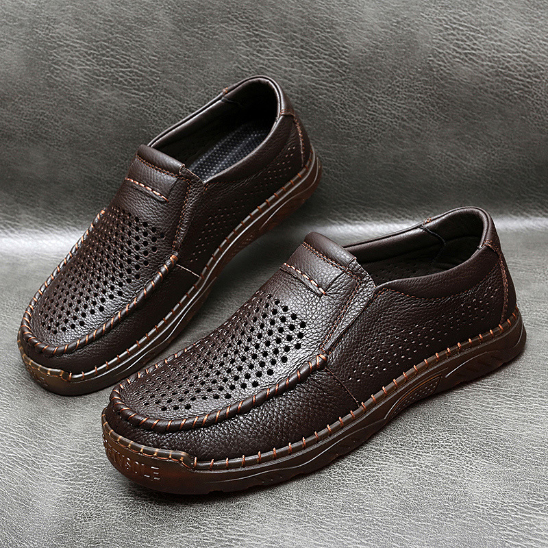 Men's handmade cowhide hollow breathable loafers