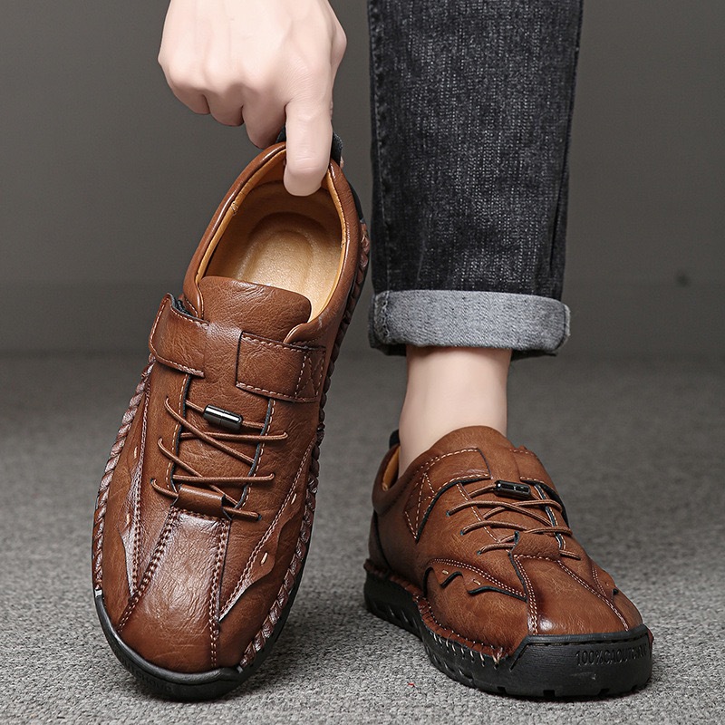 Men's Handcrafted Leather Orthopedic Loafers - Wide Toe Box, Adjustable Hook & Loop Strap
