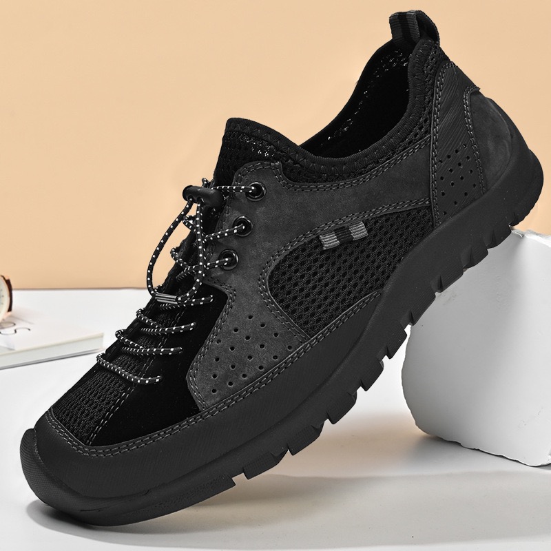 Mens Cowhide Mesh Orthopedic Sneakers-Wide Toe Box