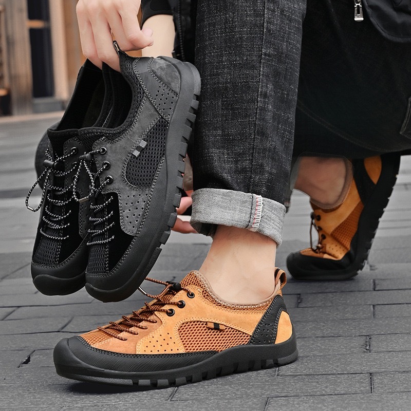 Mens Cowhide Mesh Orthopedic Sneakers-Wide Toe Box