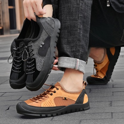 Mens Cowhide Mesh Orthopedic Sneakers-Wide Toe Box