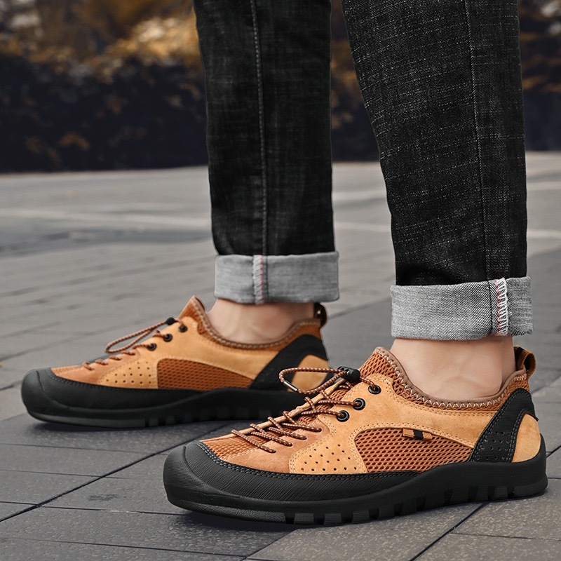 Mens Cowhide Mesh Orthopedic Sneakers-Wide Toe Box