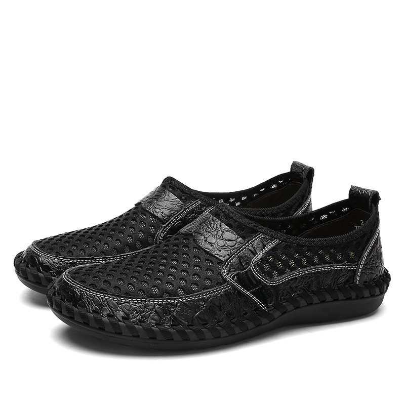 GARB Men's handmade genuine leather mesh breathable slip-on shoes