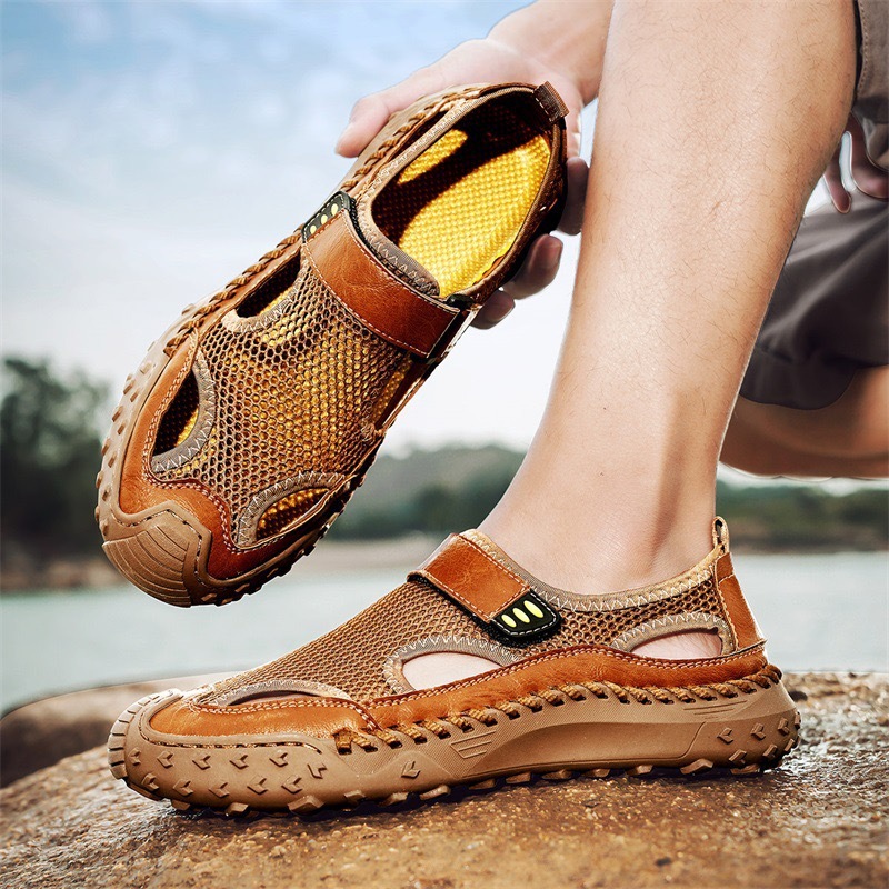 GARB mens Handmade Cowhide Breathable Mesh Sandals