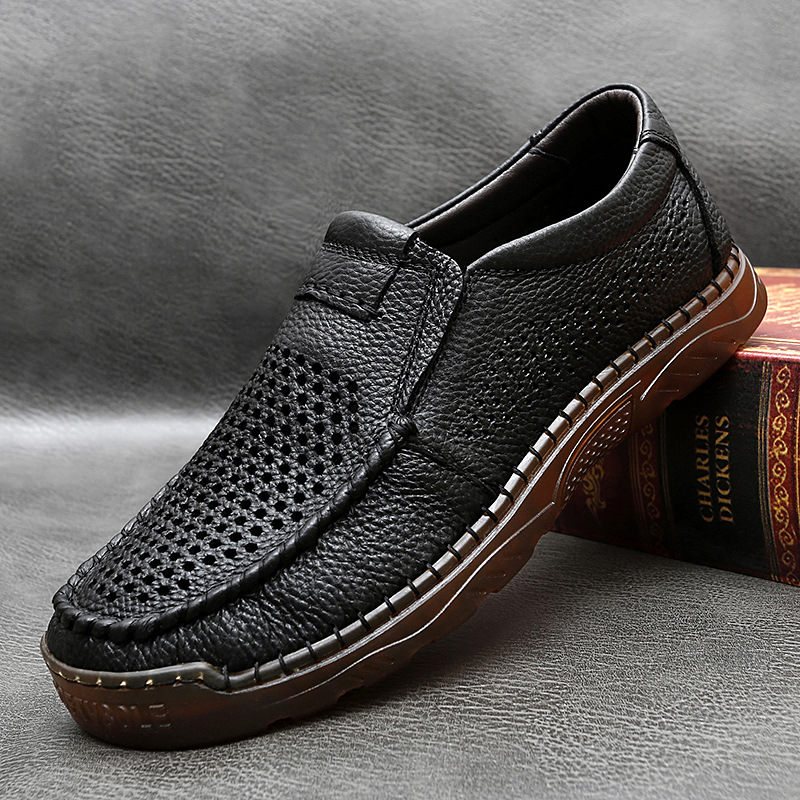 Men's handmade cowhide hollow breathable loafers