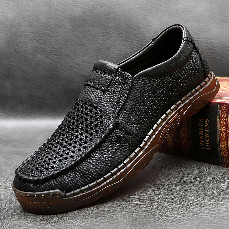 Men's handmade cowhide hollow breathable loafers