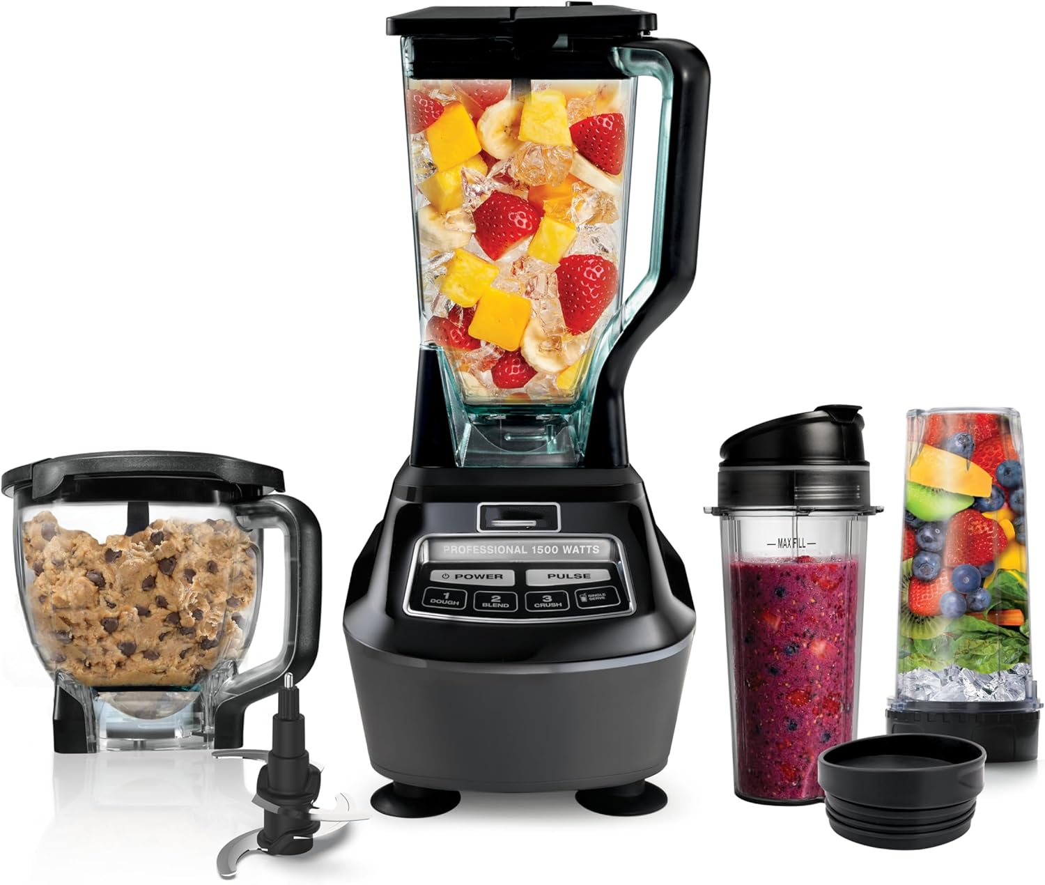 BL770 Mega Kitchen System, 1500W, 4 Functions for Smoothies, Processing, Dough, Drinks & More, with 72 Blender Pitcher, 64 Processor Bowl, (2) 16-oz. to-Go, Black, with 2 Nutri Cups + Lids