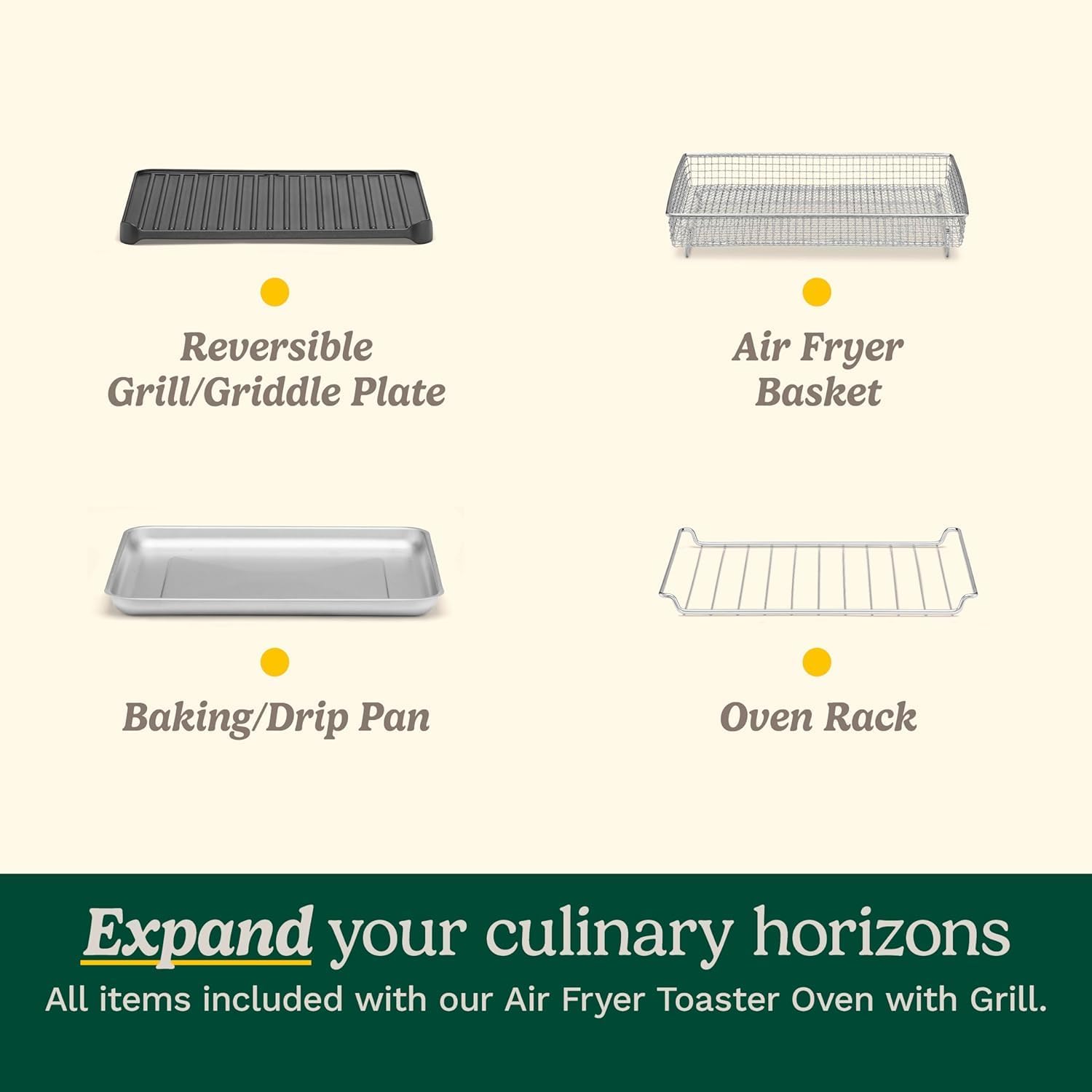 Air fryer oven with 8 functions: air frying, convection, grilling, and keep warm.