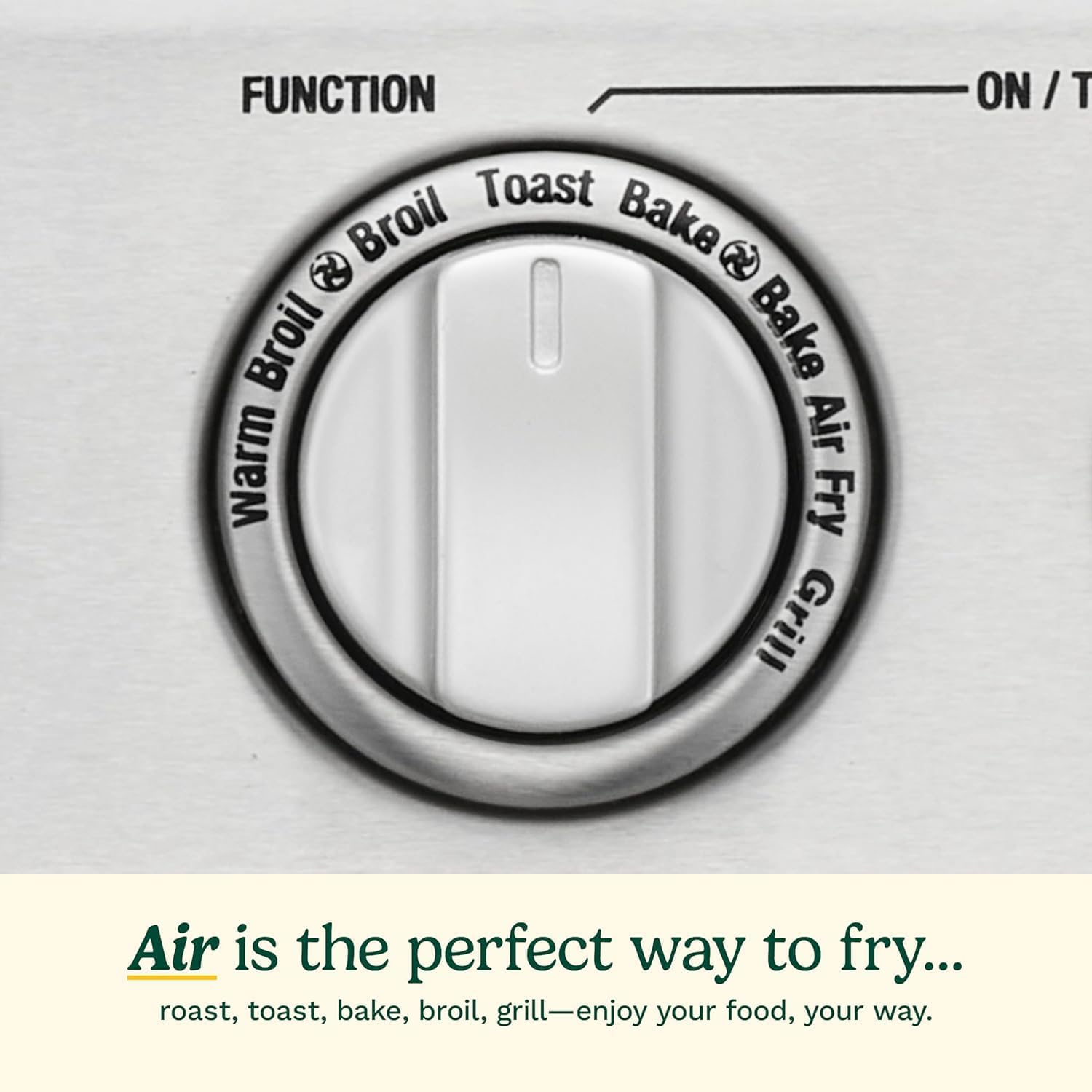 Air fryer oven with 8 functions: air frying, convection, grilling, and keep warm.