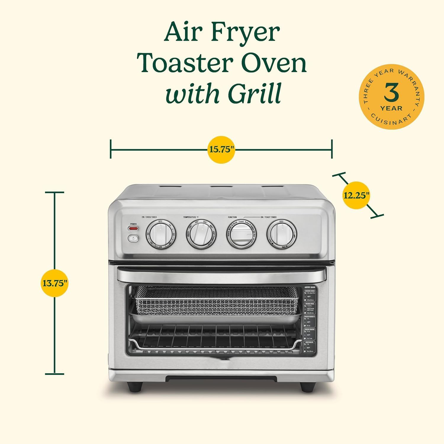 Air fryer oven with 8 functions: air frying, convection, grilling, and keep warm.