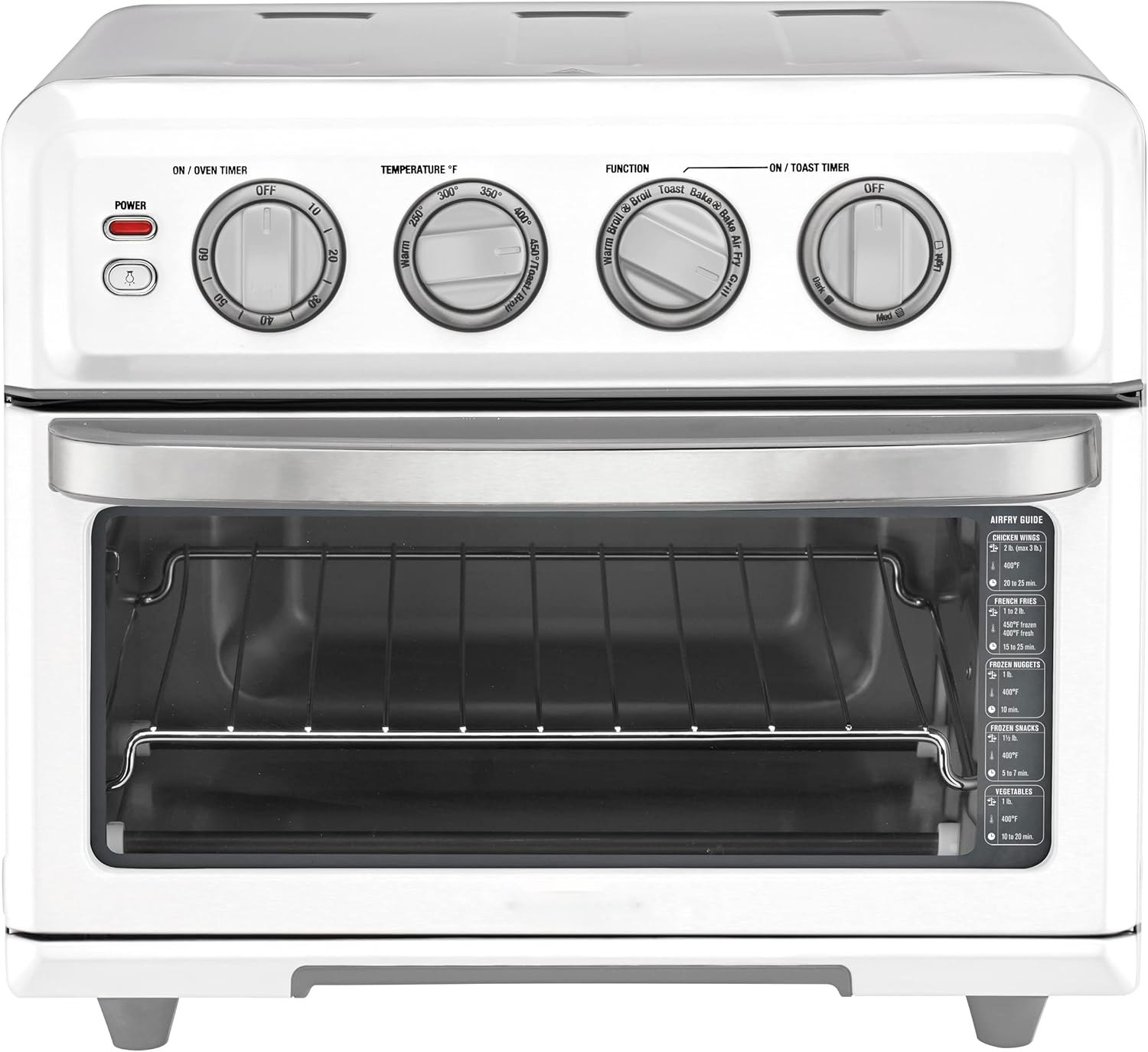 Air fryer oven with 8 functions: air frying, convection, grilling, and keep warm.