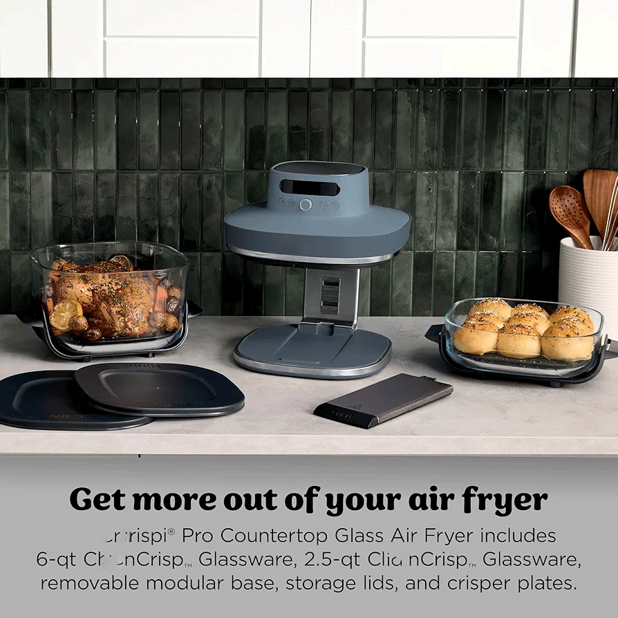Crispi Pro 6-in-1 Glass Air Fryer | 450°F, Nontoxic, 6qt & 2.5qt Containers & Lids | Microwave, Freezer, Dishwasher Safe | Max Crisp, Air Fry, Bake, Roast, Recrisp, Dehydrate |Cyberspace AS101CY