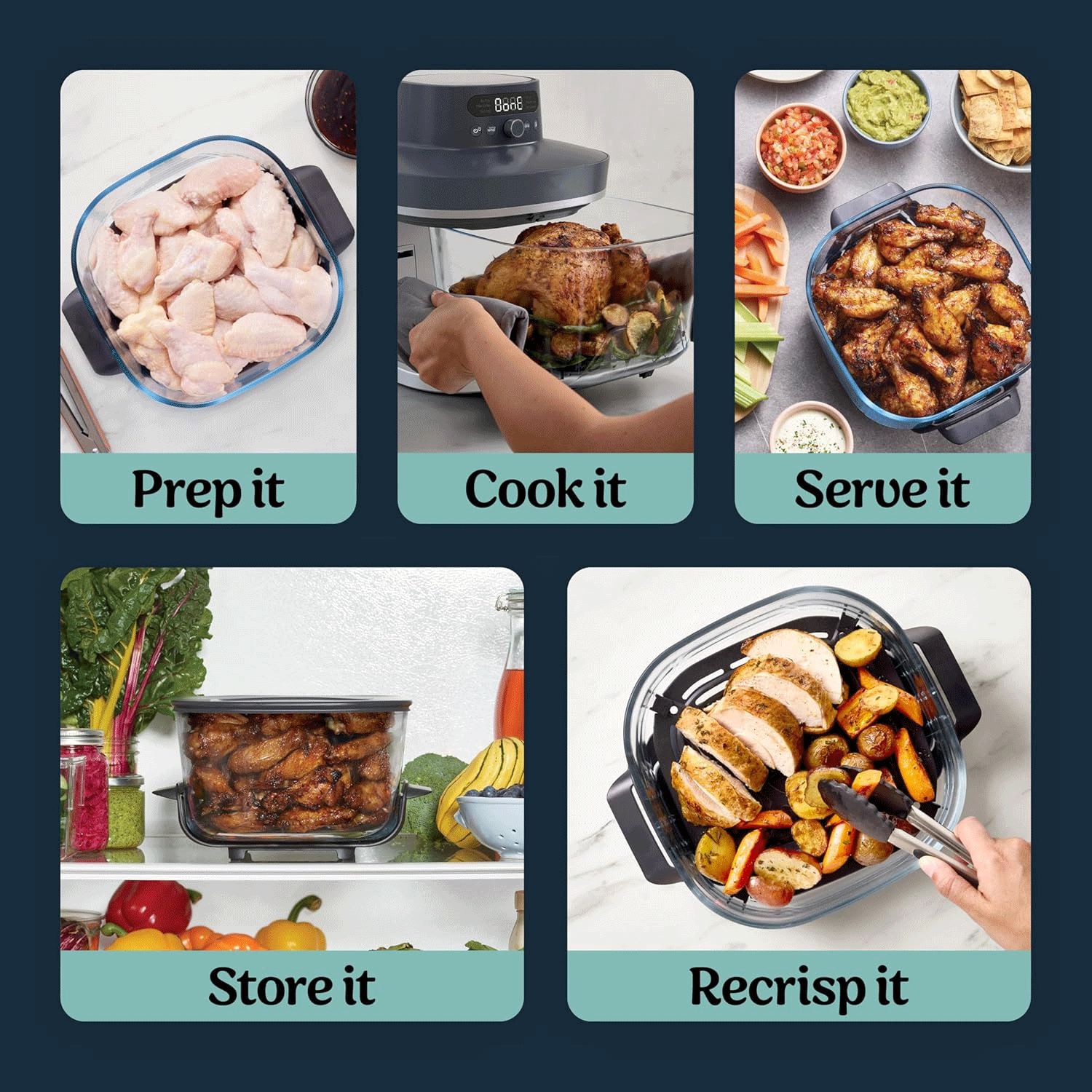 Crispi Pro 6-in-1 Glass Air Fryer | 450°F, Nontoxic, 6qt & 2.5qt Containers & Lids | Microwave, Freezer, Dishwasher Safe | Max Crisp, Air Fry, Bake, Roast, Recrisp, Dehydrate |Cyberspace AS101CY