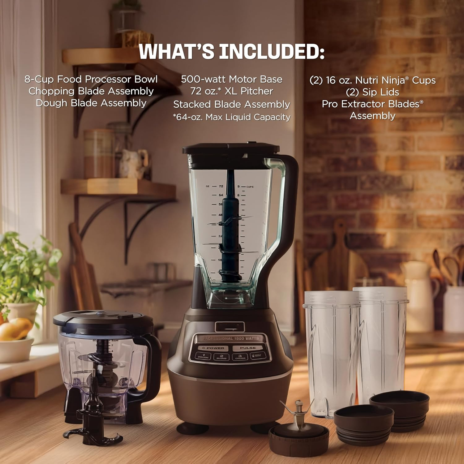 BL770 Mega Kitchen System, 1500W, 4 Functions for Smoothies, Processing, Dough, Drinks & More, with 72 Blender Pitcher, 64 Processor Bowl, (2) 16-oz. to-Go, Black, with 2 Nutri Cups + Lids