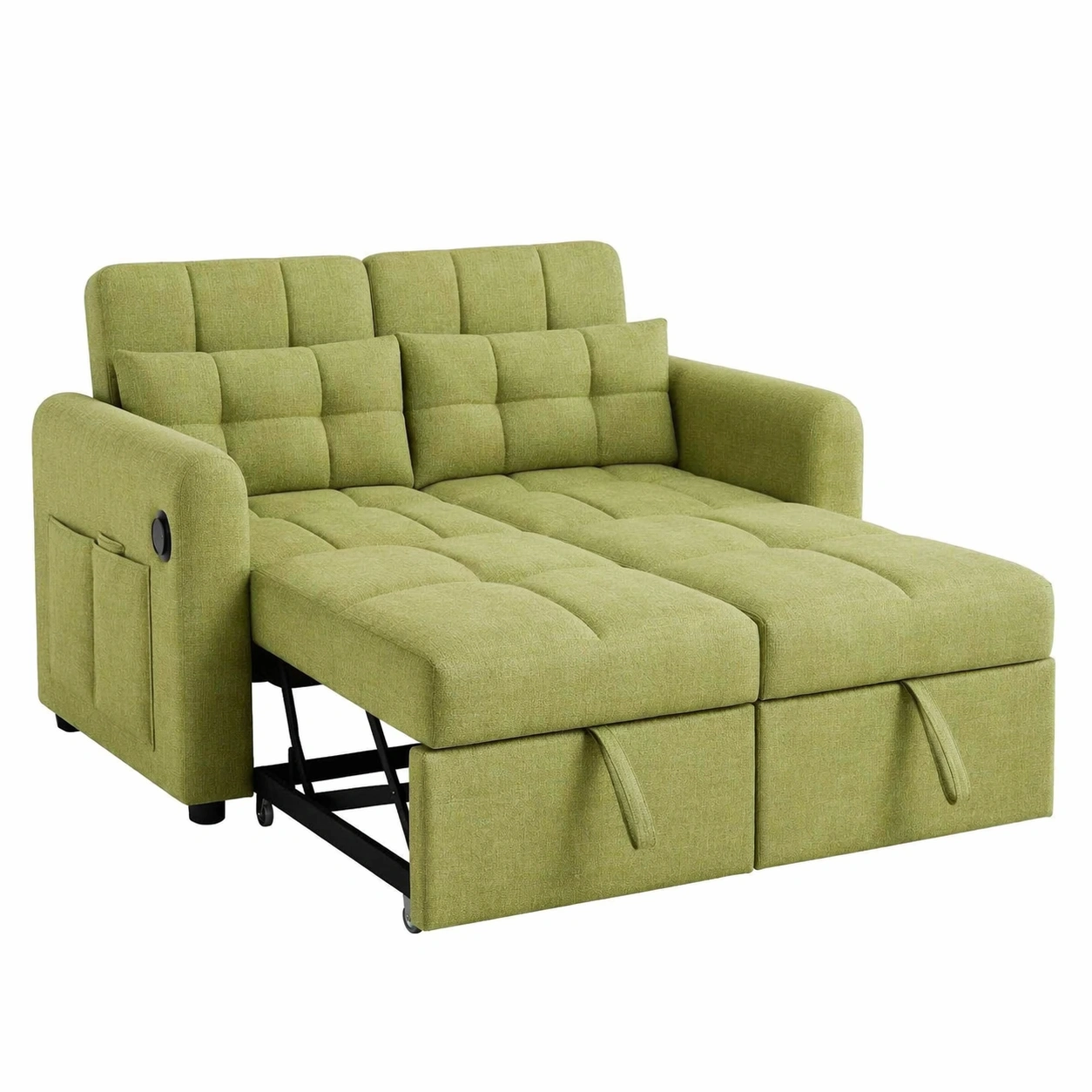 3-in-1 Schlafsofa ausziehbar mit USB Anschluss, 2-Sitzer Funktionssofa mit verstellbarer Rueckenlehne und Stauraumtaschen, Schlafcouch fuer Wohnzimmer und Schlafzimmer, Gruen-avqora