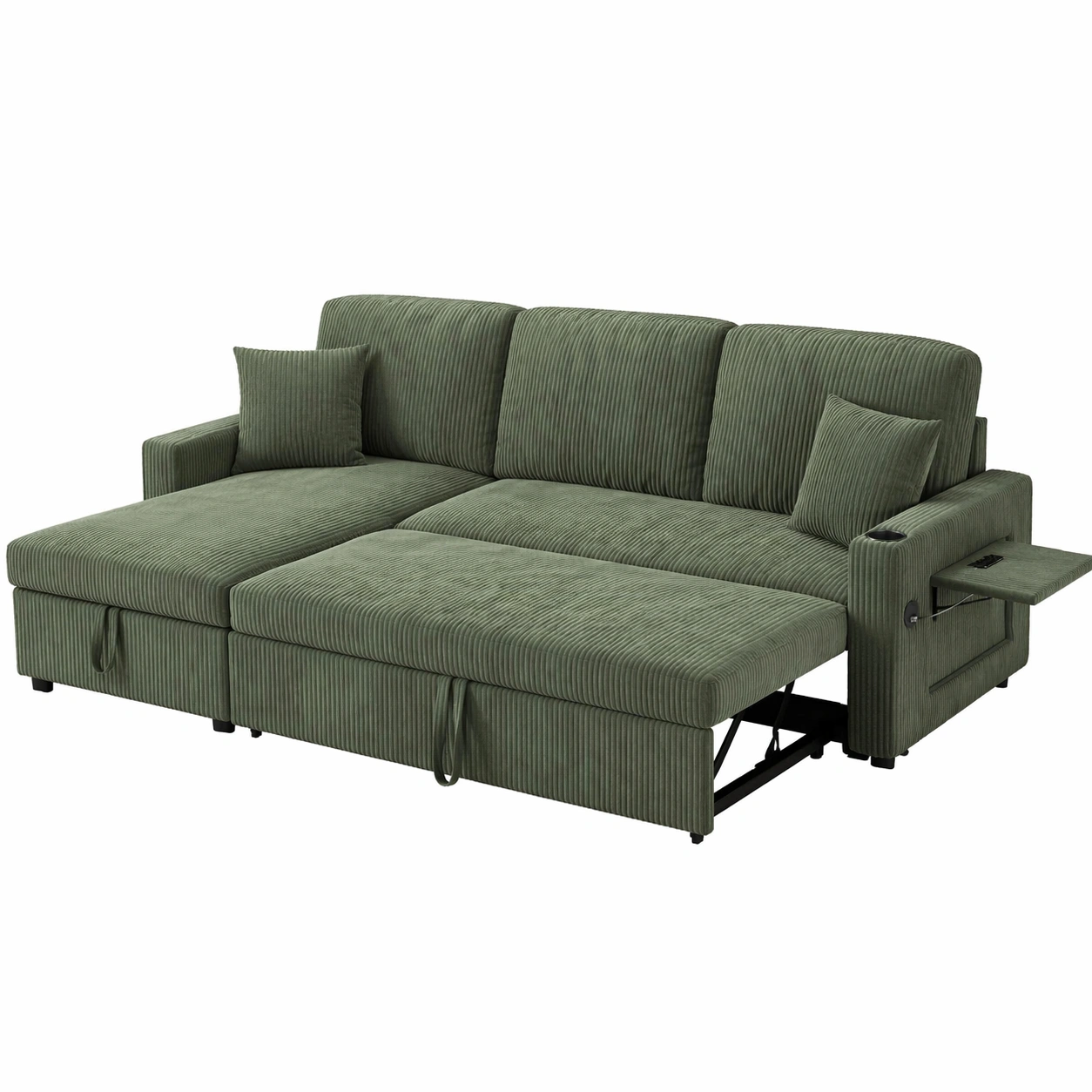 3 Sitzer L Form Schlafsofa mit USB C Anschluss und verstellbarer Rueckenlehne, Ecksofa mit Stauraum und Klapptisch, Sofa Bett mit Becherhalter und Kissen, Links Ottomane Beige-avqora