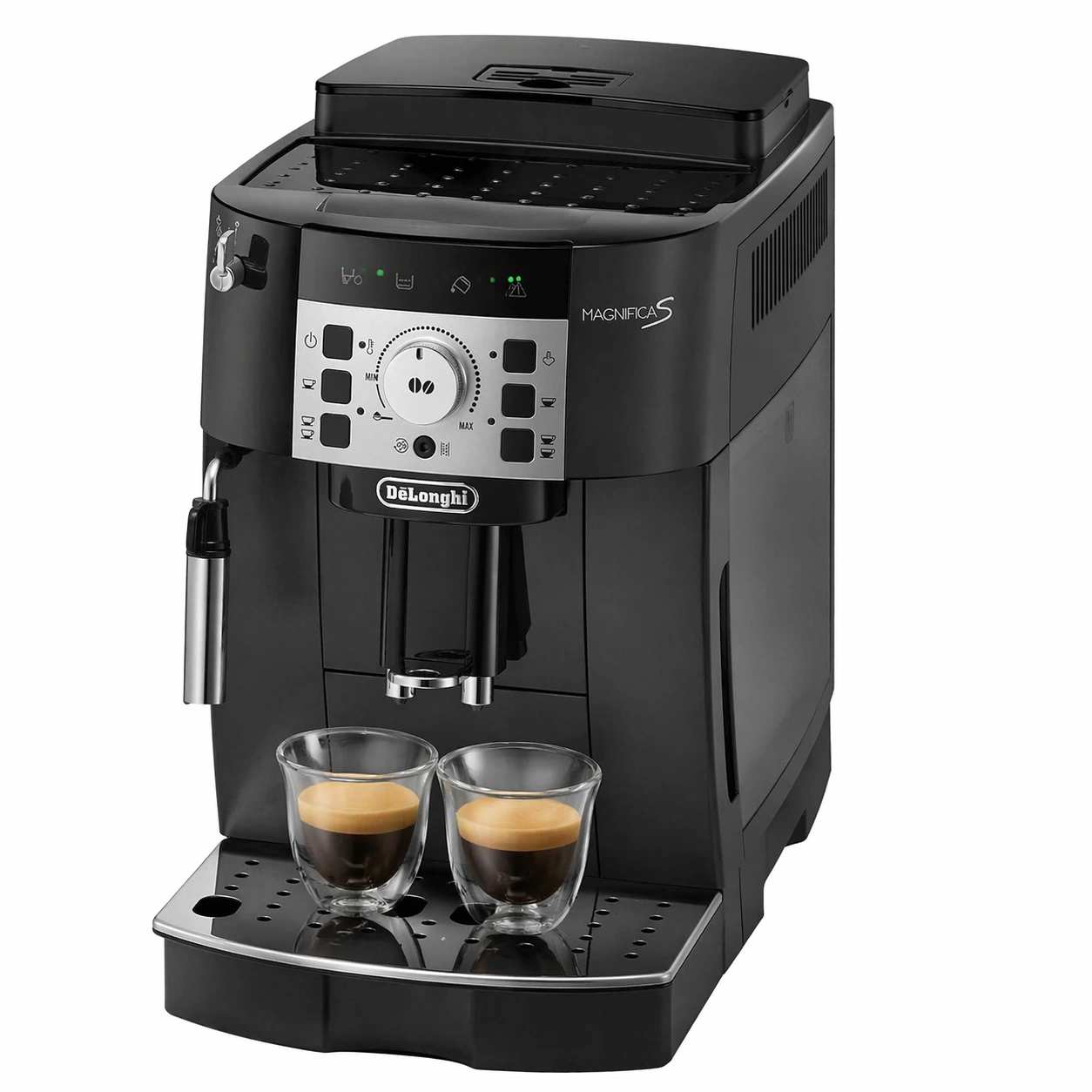 Vollautomatische Kaffeemaschine 1450W 1,8L mit Milchaufschaeumer und Doppel Auslauf, Kompakte Espresso Maschine mit Drehregler und Heisswasserfunktion Schwarz-avqora